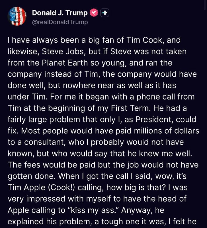 懂王发的关于Tim Cook的长文：我一直都是蒂姆·库克的大粉丝，同样也是史蒂夫·乔布斯的粉丝