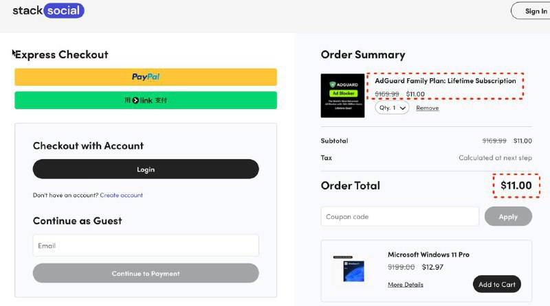▎ AdGuard➡️AdGuard 家庭版疑似bug价！目前家庭版打1折，折后家庭版比个人版还要低，简直离谱！！！！（区别：家庭版9设备，个人版3设备）Stacksocial 网站 家庭版9设备只需 $11（约 75元），对比国内某网站便宜一半还要多（国内某平台售价299），价格十分好，无套路且史低！！！1.点击注册（有AFF）2.选择 Family 套餐，添加产品到购物车，注意看价格是否是$11；3.点击结账，即可享受折扣价，建议用Paypal支付不会买的，但又想要的，可以找我机器人，我帮你买！！！仅限5套！🗒 标签: #优惠#羊毛#Bug价📢 频道: @me888888888888🎈 群组: @imbbbbbbbbbbb🪬 合作&推广：@imbbbbb_bot@imbbbbbbbb☝️消息怕错过？请收藏频道并开启推送！☝️via 小声逼逼 - Telegram Channel