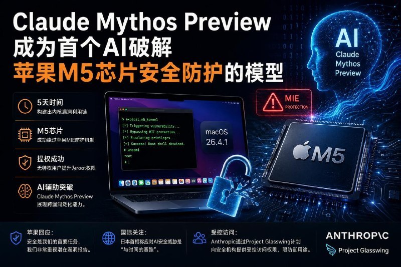 #互联网观察#iPhone▎Claude Mythos Preview 成为首个AI破解苹果M5芯片安全防护的模型总部位于帕洛阿尔托的网络安全公司Calif的研究人员，利用Anthropic受限AI模型Claude Mythos Preview，构建出首个公开的macOS内核内存损坏漏洞利用程序，成功攻破苹果 M5芯片的安全防护——而这一切仅用了五天时间，研究人员估计，苹果为此投入了长达五年的时间和数十亿美元的资金
