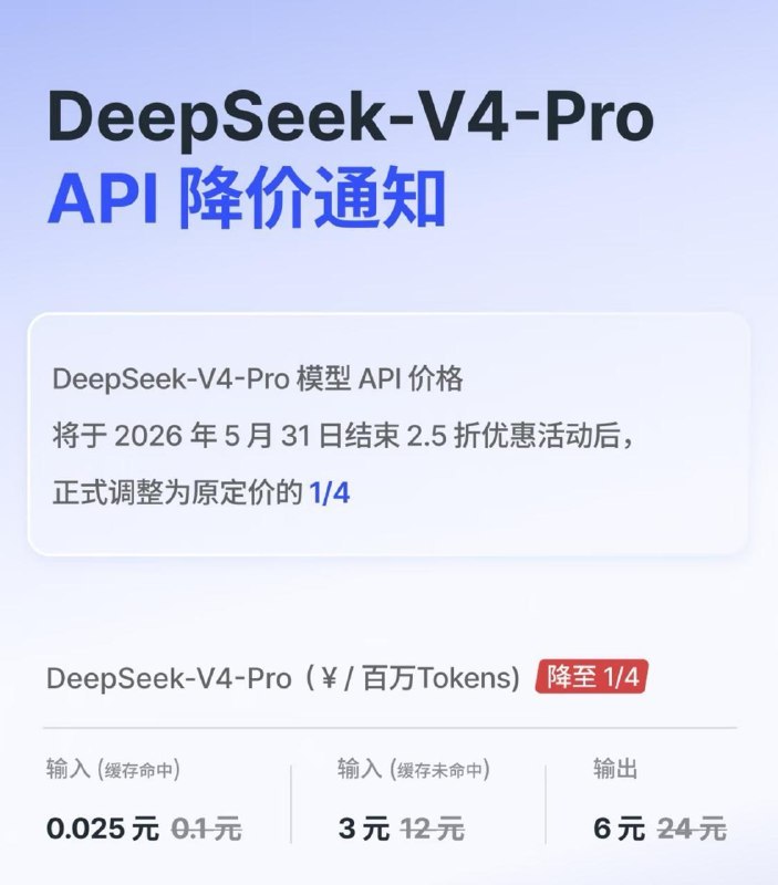 深度求索宣布将DeepSeek V4 Pro永久降价到原价的1/4 优惠价变正价DeepSeek V4 Pro 之前因为定价太高，没想到引来不少开发者吐槽