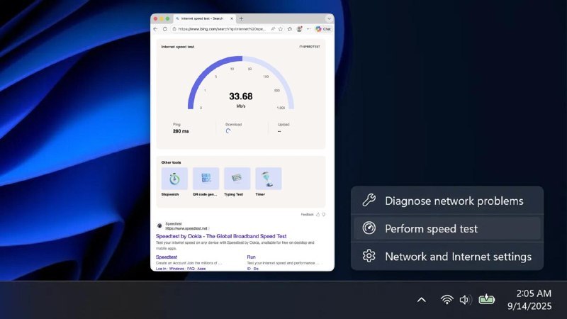 ▎Speedtest微软与 Ookla 达成深度合作，Speedtest 测速功能原生集成至 Windows 11 任务栏微软与 Ookla 宣布扩大战略合作伙伴关系，将 Speedtest 网络诊断功能深度集成至 Bing 及 Windows 11 系统