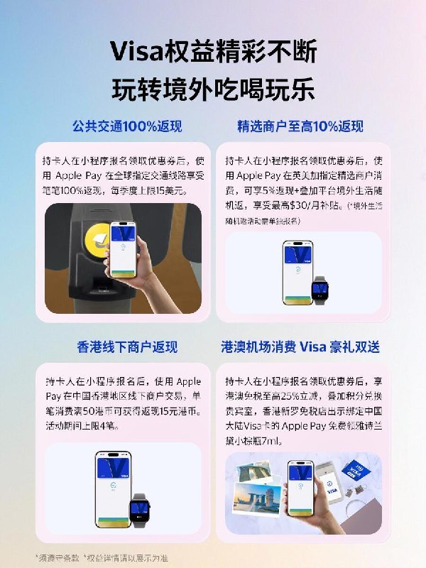 ↩️🖼 Visa 绑定 Apple Pay 重磅权益上新科技圈🎗在花频道📮:多家银行发行的 Visa 卡新增支持绑定到 Apple Pay 持有中国工商银行、中国银行、中国农业银行、交通银行、招商银行、中信银行、平安银行、兴业银行发行的 Visa 信用卡，及中信银行发行的 Visa 借记卡的顾客，将卡片添加到 Apple 钱包 app 后即可使用 Apple Pay 进行跨境支付
