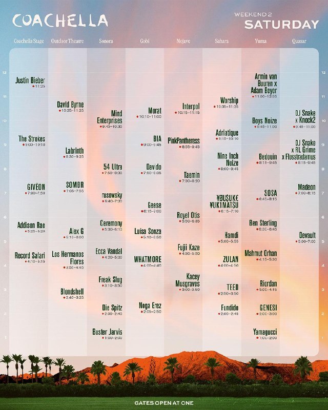 Coachella 2026 WK2 SATURDAY , Justin Bieber 预计23:25（ PDT ）压轴登场预计北京时间 4 月 19 日中午 14:25 （UTC+8） 开始
