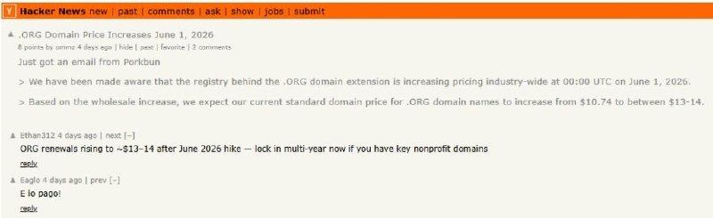 .org 域名要涨价啦！.ORG 域名将从 2026 年 6 月 1 日起涨价，批发价从 9.93 美元升到 11 美元，零售价大概率也会跟着涨