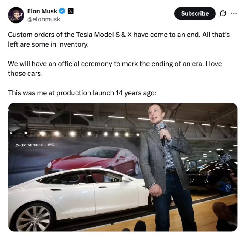 马斯克发文确认停产特斯拉Model S/X今日，马斯克通过社交平台宣布，特斯拉将正式停产Model S与Model X两款车型