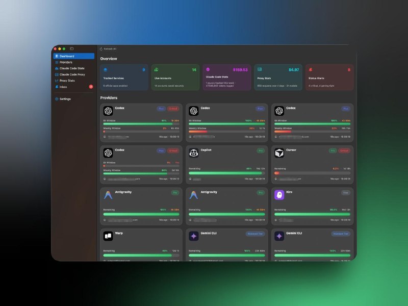 AIUsage：原生 macOS 仪表盘统一管理多家 AI 订阅账号、额度、成本，以及 Claude Code 代理与统计如果你同时订阅了好几个 AI 服务，这个工具基本就是刚需