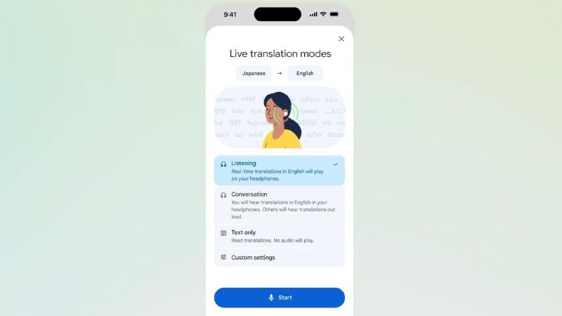 谷歌翻译iOS应用程序获得实时耳机翻译谷歌翻译在 iOS 上加入了“耳机实时翻译”功能，用户只需连接任意蓝牙耳机，在 App 中点“实时翻译→聆听”即可实时翻译对方语音，支持 70 多种语言