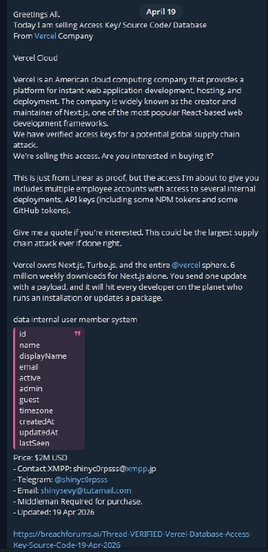 Vercel 内部系统遭黑客入侵，核心源码及敏感令牌被公开出售云托管平台 Vercel 确认内部系统遭遇未经授权访问，黑客组织 ShinyHunters 声称已获取其核心源代码及数据库访问权限
