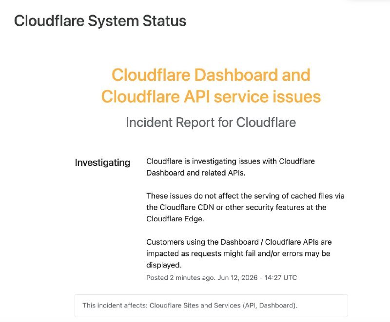 ↩️🖼 Cloudflare 控制面板和 Cloudflare API 服务目前中断科技圈🎗在花频道📮:Cloudflare 状态页面终于更新 目前已知全球多个地区间歇性爆炸，Cloudflare作为全球基础网络设施，影响多个网站